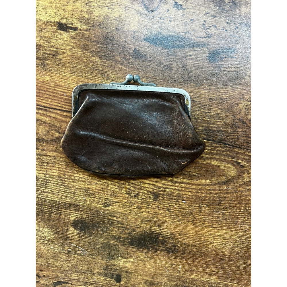 Vintage Brown Leather Coin Purse Kiss Lock Small Change Pouch Distressed Antique